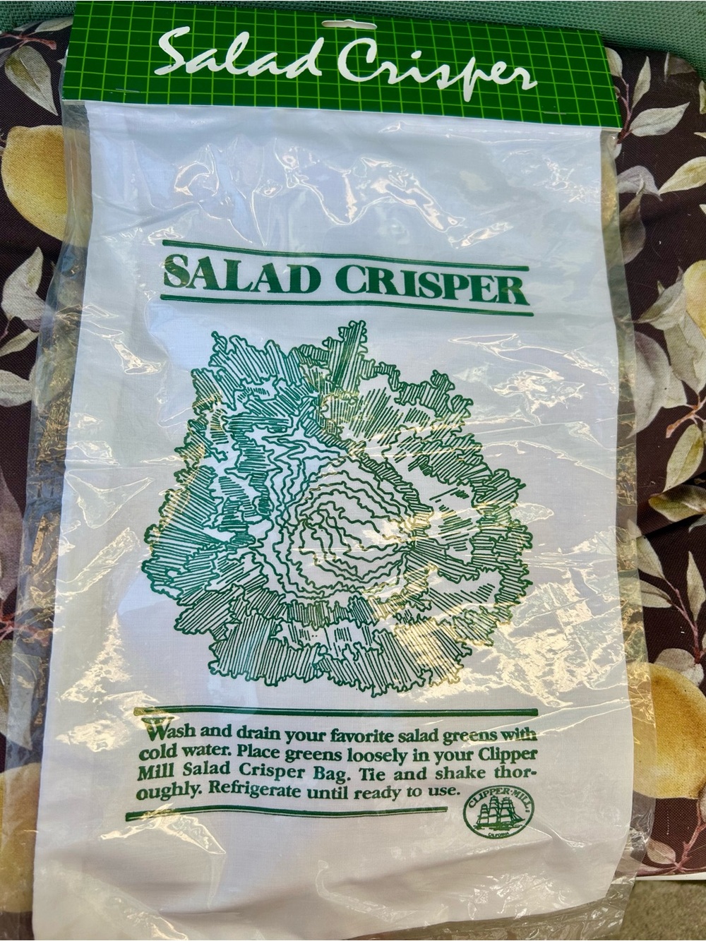 Salad Crisper Produce Storage Bag - White with Green Print Fabric Bag